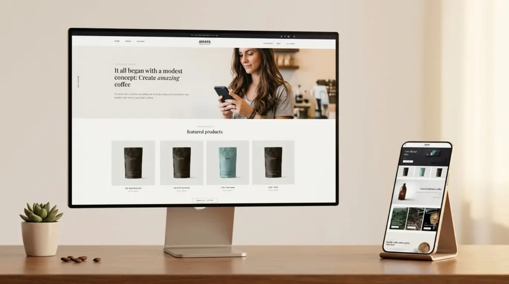 Amaya coffee e-commerce website design displayed on desktop monitor and mobile screen by Rimon Babu