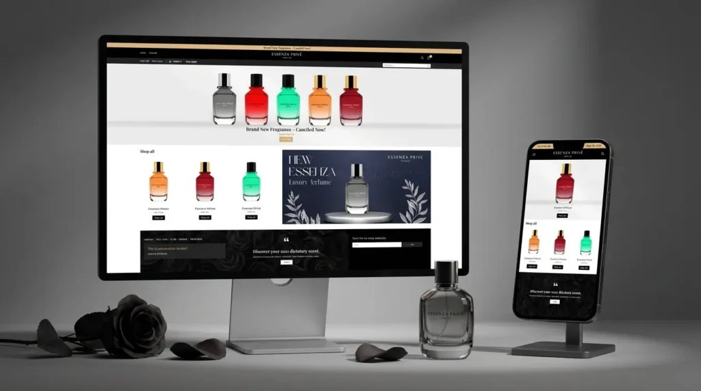 Essenza Prive luxury perfume WooCommerce store mockup on desktop monitor and mobile screen by Rimon Babu