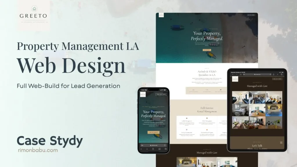 Greeto Property Management LA website showcase on desktop tablet and mobile devices by Rimon Babu
