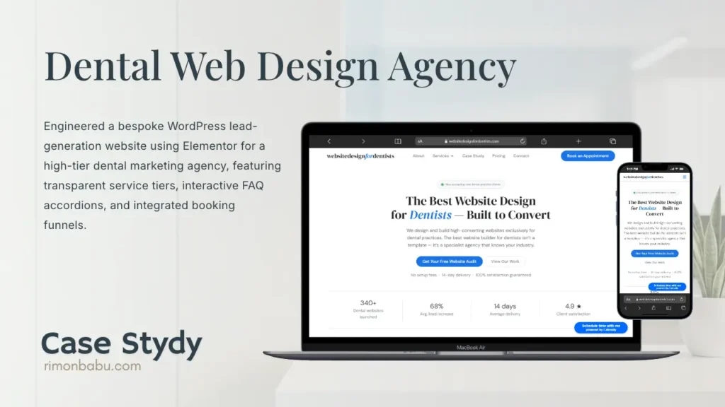 Dental Web Design Agency case study mockup on MacBook and mobile screen by Rimon Babu