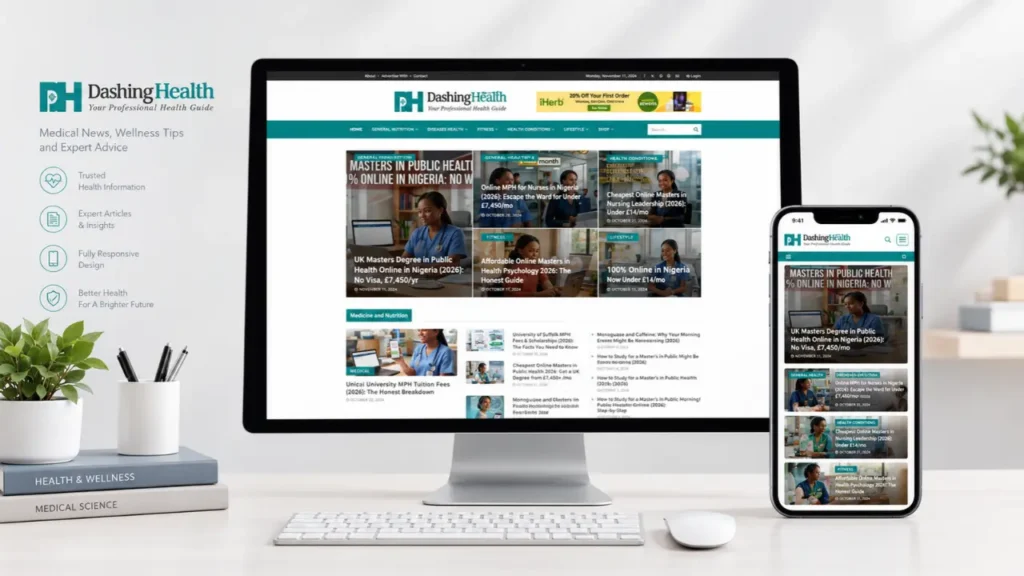 Dashing Health news blog and medical portal mockup on desktop screen and mobile device by Rimon Babu