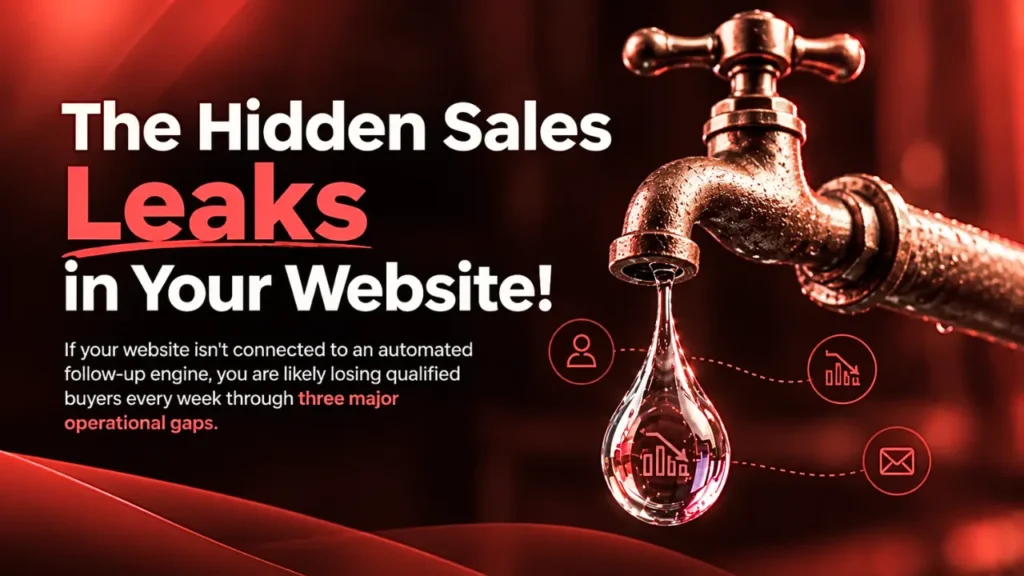Infographic showing a leaking faucet with water drop highlighting website sales leaks and automation solutions