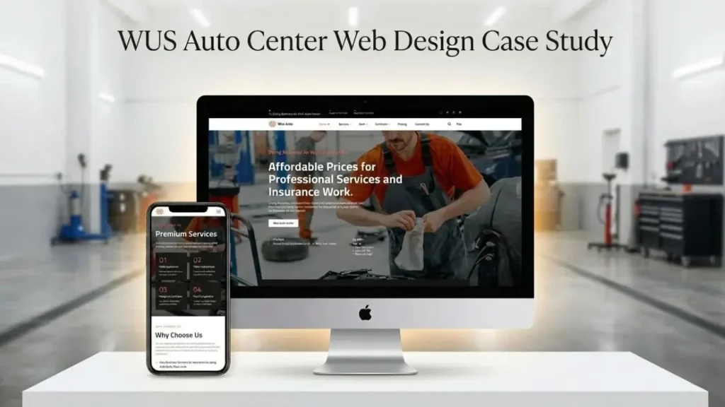 WUS Auto Center website design mockup on desktop monitor and mobile screen by Rimon Babu